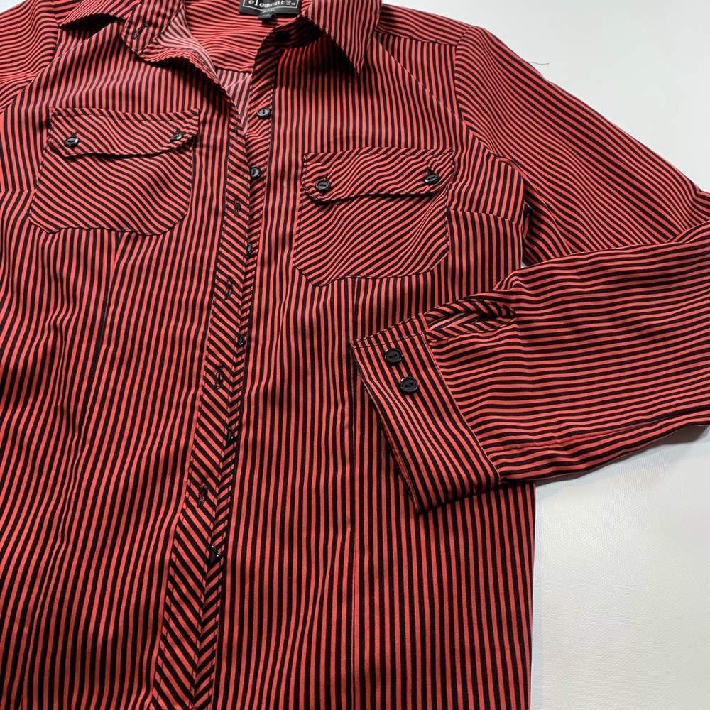 Elementz | Stripped Button Down Shirt Petite Black and Red Deep Burnt Orange - Picture 6 of 9